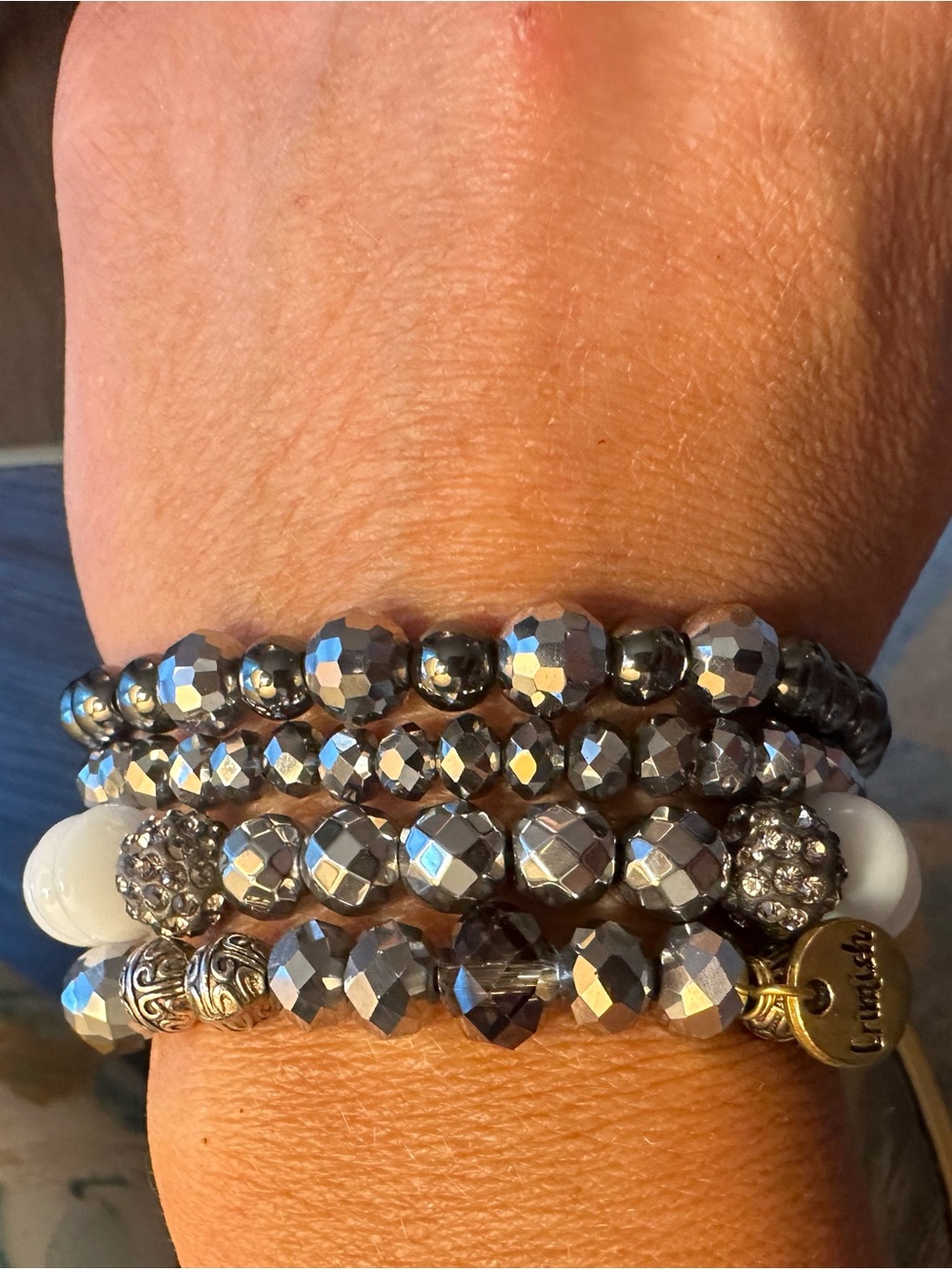 Erimish Silver Hematite Faceted Bead Stack Bracelet Set